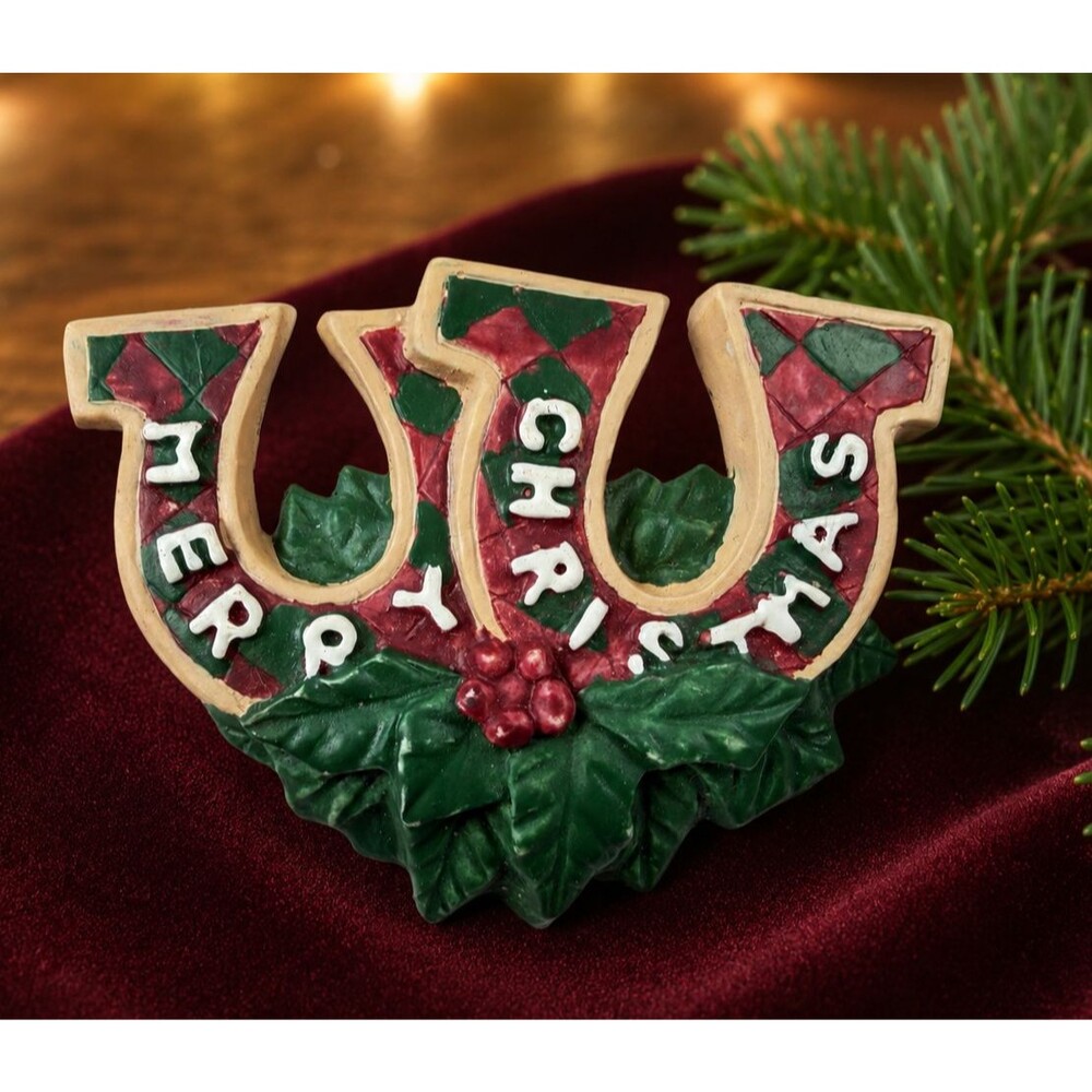 Vintage Transfar 1995 Double Horseshoe Merry Christmas Holly Pin Brooch Vintage